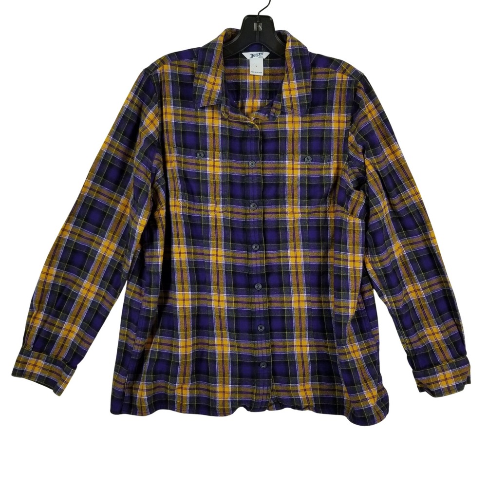 Duluth Trading Co Womens Purple Yellow Plaid Flannel Button Down Shirt Large
